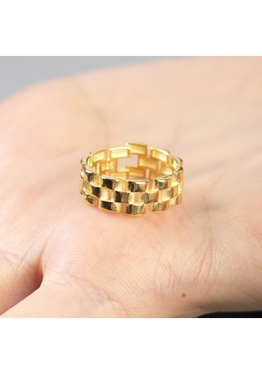 Zincir Tasarım Gold Renk Free Size 925 Ayar Gümüş Kadın Yüzük Sarı