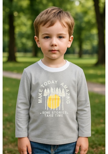 Erkek Çocuk %100 Pamuk Baskılı Uzun Kollu Tişört - Gri 3-4 Yaş 8-9 Yaş Gri