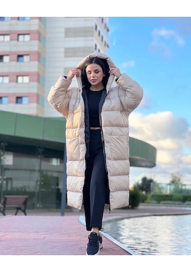 Oversize Uzun Şişme Mont Krem
