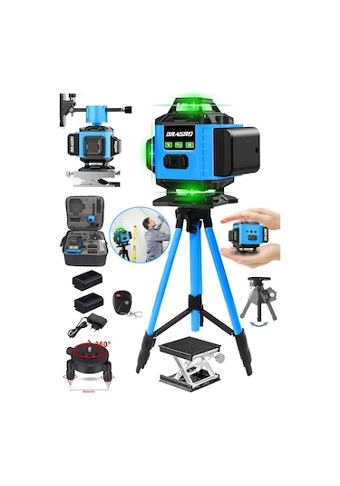 DRG-TLZR128 128 Vf Tripodlu Mavi 12 Köşe Otomatik Hizalama Lazer Metre 360 Derece Yatay Dikey Çapraz Kumandalı