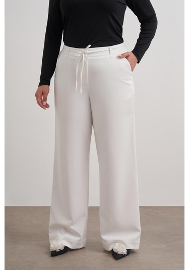 Beli Lastikli Geniş Paça Pantolon-6186 Beyaz
