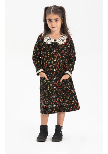 Uzun Kol Asya Yakalı Çocuk Pazen Elbise Çiçek Desen Siyah Syh Siyah
