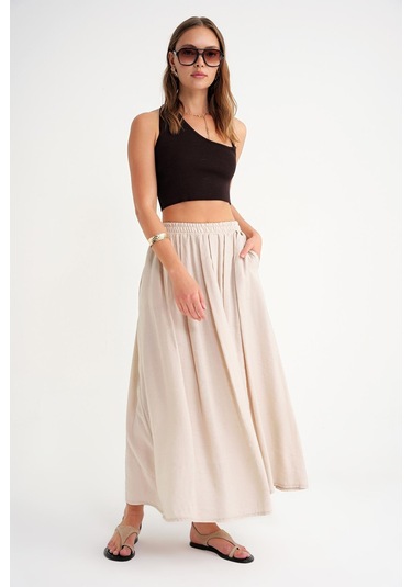 4612 Kadın Yandan Cepli Pileli Bol Etek Bej Bej