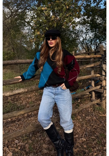 Mavi - Bordo Baklavalı Kazak - 7183 Mavi - Bordo