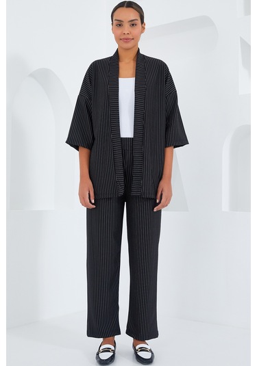 Bigdart 6661 Kadın Çizgili Kimono İkili Takım - Siyah 001