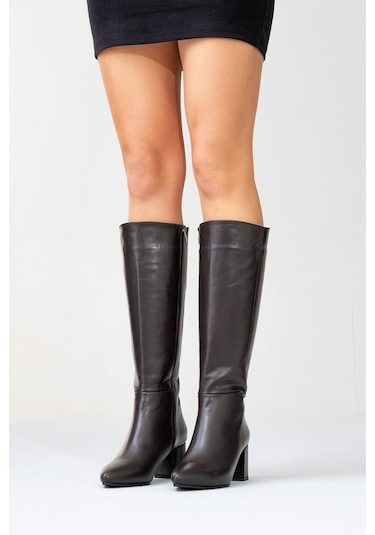 Sejas Kahverengi Hakiki Deri Kadın Topuklu Çizme Kahverengi