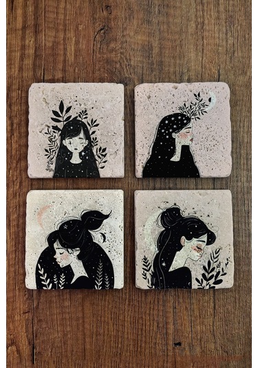 Yıldızlı Kadın Temalı Doğal Taş Bardak Altlığı - Stone Coasters Çok Renkli