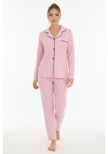 Luxury Soft Pembe Çizgili Uzun Kollu Kadın Pijama Takımı 3052 Pembe