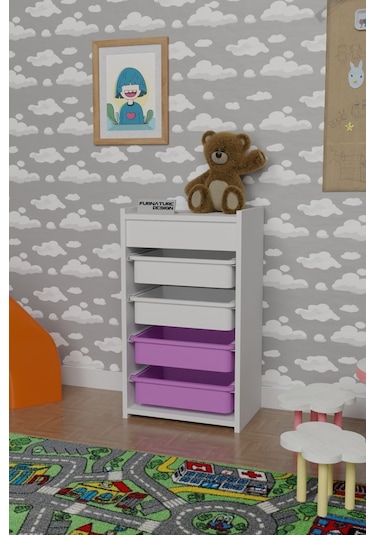 4 Sepetli Oyuncak Dolabı Çok Amaçlı Dolap Beyaz - Beyaz&Pembe Beyaz