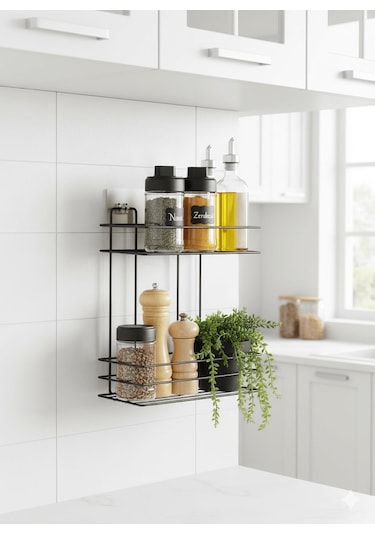 2 Katlı Siyah Mutfak Askısı, Baharatlık Rafı - Duvara Monte, Yapıştır/vidala, Paslanmaz Metal 26 X 33cm Tş-02 Siyah
