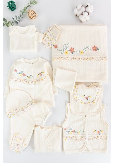 Çiçek Nakışlı Fırfırlı Pamuklu 10 Parça Kız Bebek Hastane Çıkışı Bebek Takımı