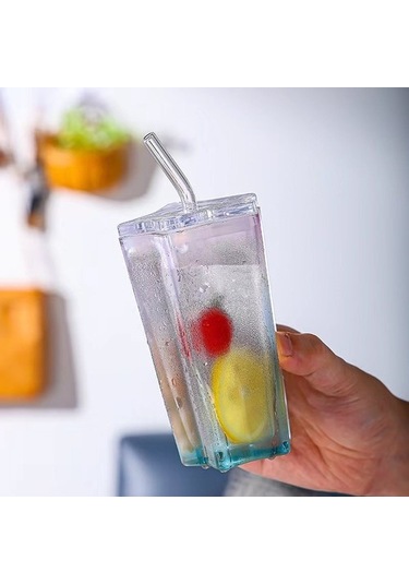 Beş Köşeli Yıldız Cam Renkli Gradyan Bardak, Yüksek Görünümlü Pipetli Bardak Daohjp MAvi