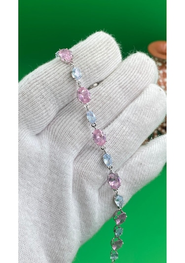 Kadın Gümüş Renk Renkli Zirkon Taşlı Çelik Bileklik Altın - Pembe