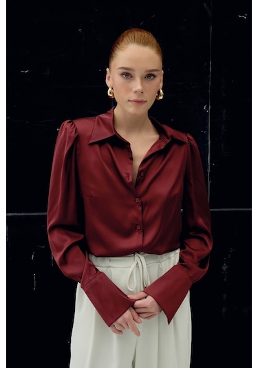 Sateen Vatkalı Saten Gömlek - Bordo-136728 Bordo