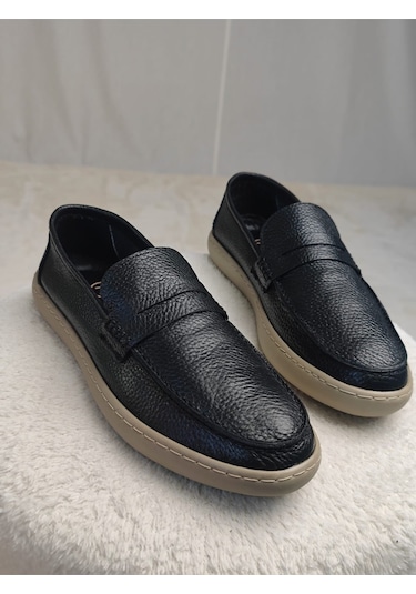 Muggo Harnaz Bağcıksız Hakiki Deri Erkek Günlük Casual Ayakkabı Siyah