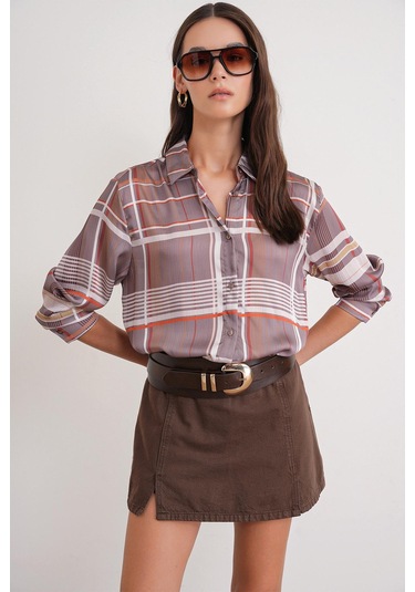 4751 Kadın Ekose İnce Saten Gömlek Bej Bej