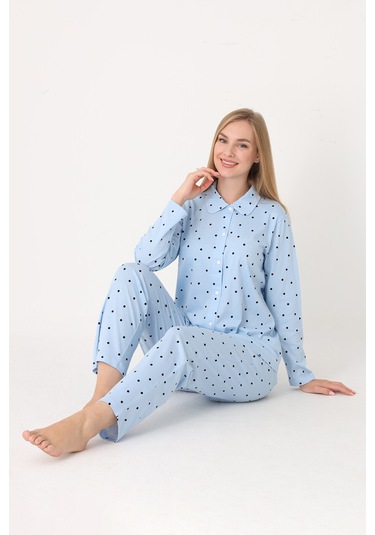 Nbb Kadın Mavi Polka Dot Önden Düğmeli Pijama Takım Mavi