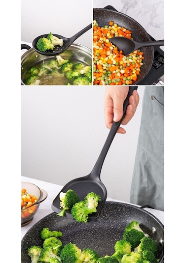 Qerhome 5 Parça Tamamı Silikon Yanmaz Yapışmaz Silikon Mutfak Seti Siyah