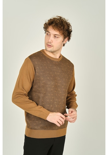 Ateş Triko Erkek Bisiklet Yaka Desenli Yün Kazak 3035 Camel Camel