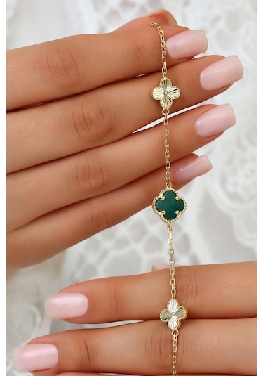 14k Altın Kaplamalı 925 Ayar Gümüş Granada Saray Yoncaları Bileklik - Yeşil 45103300 Altın