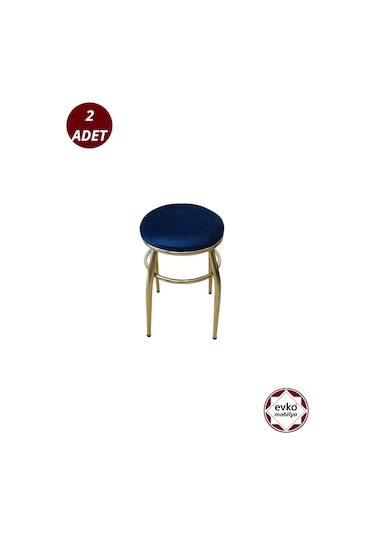 Evko Mobilya Tabure, Bar Taburesi, 2'li Tabure, Gold Ayaklı- Mavi