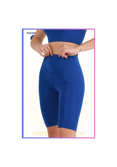 Kadın Yüksek Bel Toparlayıcı Kısa Spor Tayt Biker Şort Basics Casual & Comfort Saks Mavi 1070 Sax Mavi