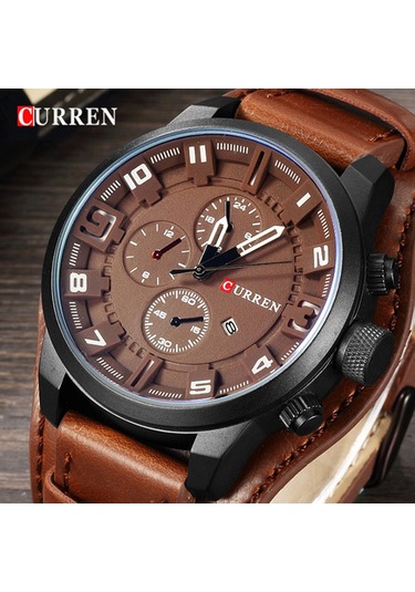 Suofeng Curren 8225 Erkek Spor Kol Saati Büyük Kasa Beyaz Ekran Kahverengi Deri Kemer-iç/ Dış Mekanlar İçin Dayanıklı Tasarım Siyah