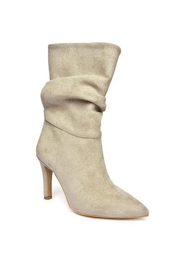 Fox Shoes R404020302 Bej Süet İnce Topuklu Büzgülü Kadın Bot Bej