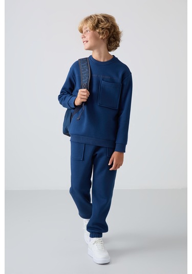 Tommy Life Parlament Pamuklu Kalın İçi Tüylü Yumuşak Dokulu Standart Fit Baskılı Erkek Çocuk Eşofman Takım - 1 Parlement Mavisi