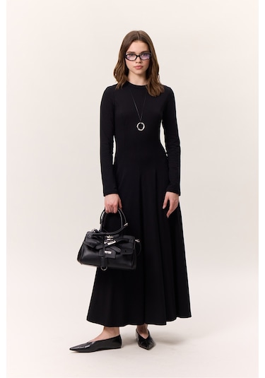 Kuplu Uzun Kollu Elbise Siyah Siyah