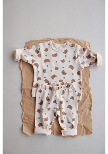 Ayıcık Baskılı Bebek Alt Üst Takım Ekru