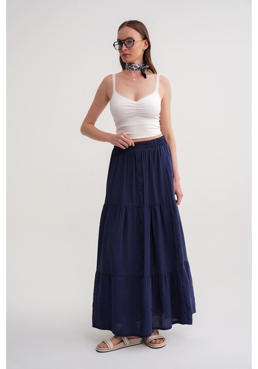 4662 Kadın Düğme Detaylı Büzgülü Modal Etek Lacivert Lacivert