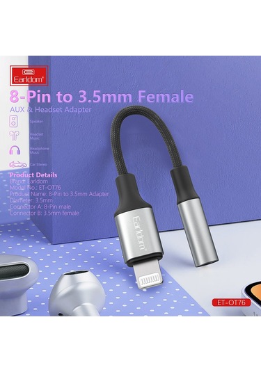 Earldom Ot76 Tak Çalıştır 12cm Lightning To Aux Dönüştürücü - M414