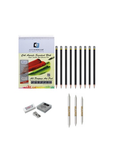 Alex Schoeller A5 Eskiz Defterli Karakalem Çizim Seti Pastel Dağıtma, Kalemtıraş, Silgi Eskiz Seti