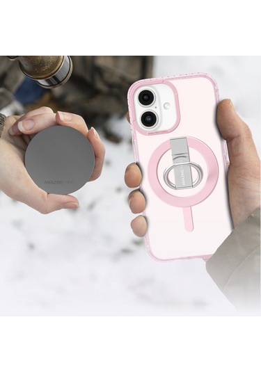 İphone 16 Plus Uyumlu Kılıf Magsafe Şarj Özellikli Yüzük Standlı Amazingthing Titan Pro Serisi Kapak Pembe