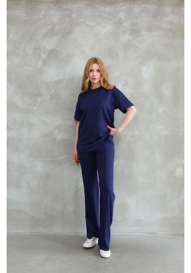 Osy Modal Yumuşak Dokulu Kumaş Bisiklet Yaka Taş Detaylı Kısa Kollu Takım - Lacivert Lacivert