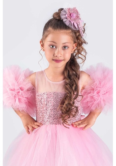 Kız Çocuk Abiye Elbise Ponpon Kol Pul Payetli Tütülü Pembe