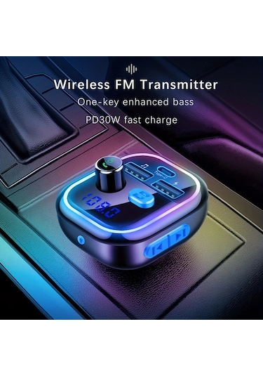 Honeybeeshop Siyah Kablosuz Araba Adaptörü Hızlı Şarj Type C Pd 30w Qc 3.0 Fm Radyo Alıcısı Müzik Çalar Araç Kiti