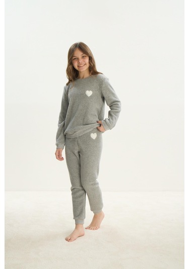 Kız Çocuk Garson Uzun Kol Polar Gri Melanj Pijama Takım C0t5n7o8 001