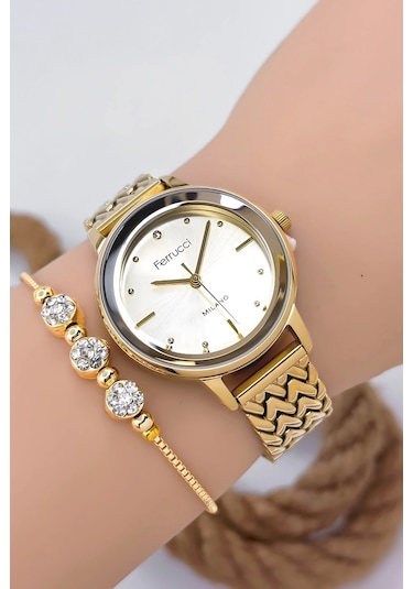Ferrucci Çelik Kordon & Şık Tasarım, Kadın Kol Saati, 3atm Suya Dayanıklı Gold Sdfer154 Çok Renkli