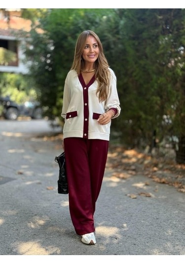 Kadın Uzun Kollu Ribanali Cep Detay Hırka Ve Bol Paça Pantolon Ikili Takım Bordo
