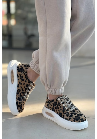 Günlük Kadın Sneaker Örgü Bağcıklı Hafif Kalın Yüksek Balon Taban Yürüyüş Spor Ayakkabı 5750 Leopar