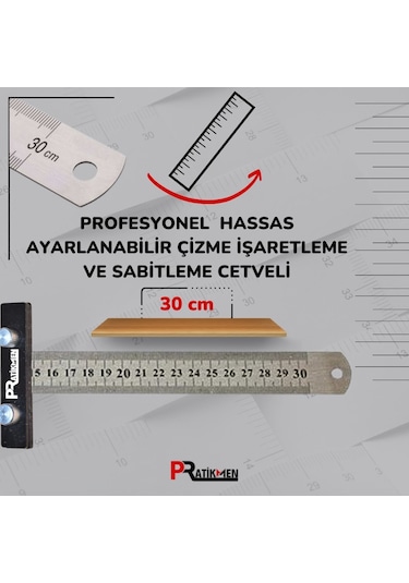 Hassas Ayarlanabilir Çizme, İşaretleme Ve Sabitleme Cetveli 30 Cm