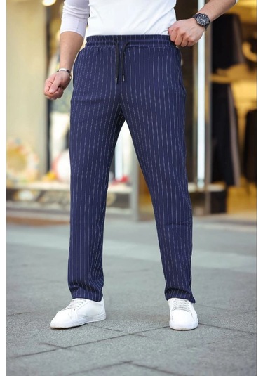 Cizgili Dokuma Krep Jogger Buggy Pantalon Rahat Kalıp - Lacivert