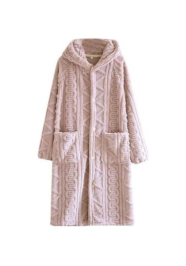 Flybuy Kadın Kışlık Bornoz Düğmeli Sabahlık, Kalın Flanel, Uzun Kollu, Rahat Kış Giyimi Kırmızı