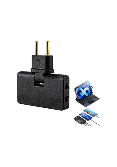Moveevo Siyah Dönen Seyahat Şarj Adaptörü - 2 Pin 180 Derece Döner Başlıklı 3 Çıkışlı Ev Ve Avrupa Uyumlu Ultra Düz Güç Çevirici