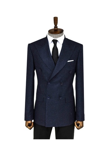 Wessi Kazayağı Desenli Lacivert Erkek Kruvaze Ceket - Wessi Lacivert