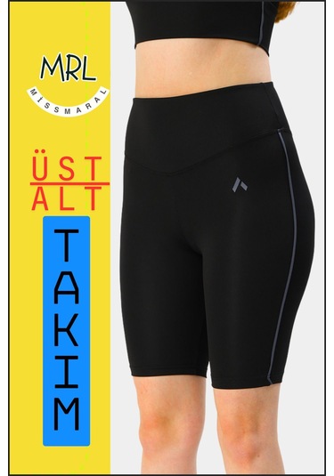 Kadın Siyah Takım Alt-üst Kısa Şort-tayt Ve Pedli Sporcu Büstiyer 2li Set Lacivert Biyeli Elt3043 Siyah Lacivert