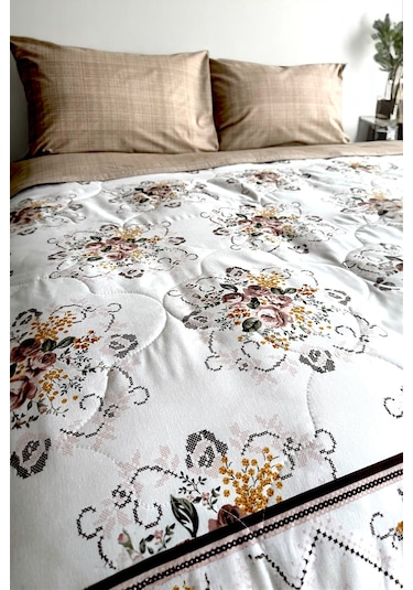 Alla Turca Çift Kişilik Yazlık Uyku Seti Düz Çarşaflı Kanaviçe Sütlü Kahve Sütlü Kahve