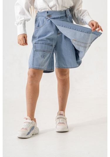 Kız Çocuk Şeritli Kot Şort Etek 2875 Açık Mavi